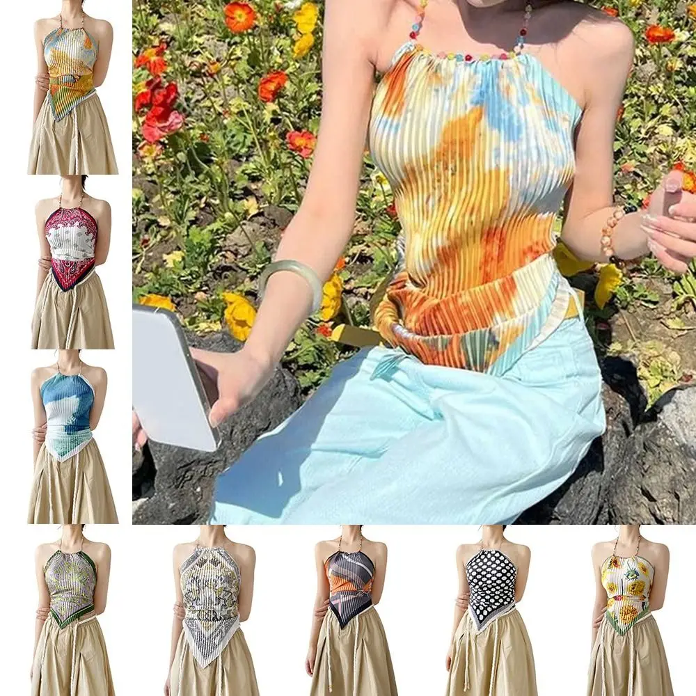 Fashion Aesthetic Print Bandage Wrap Top Boho Tie Dye Backless Sleeveless Sling Vest Y2k Belly Pockets For Women Lady Girl