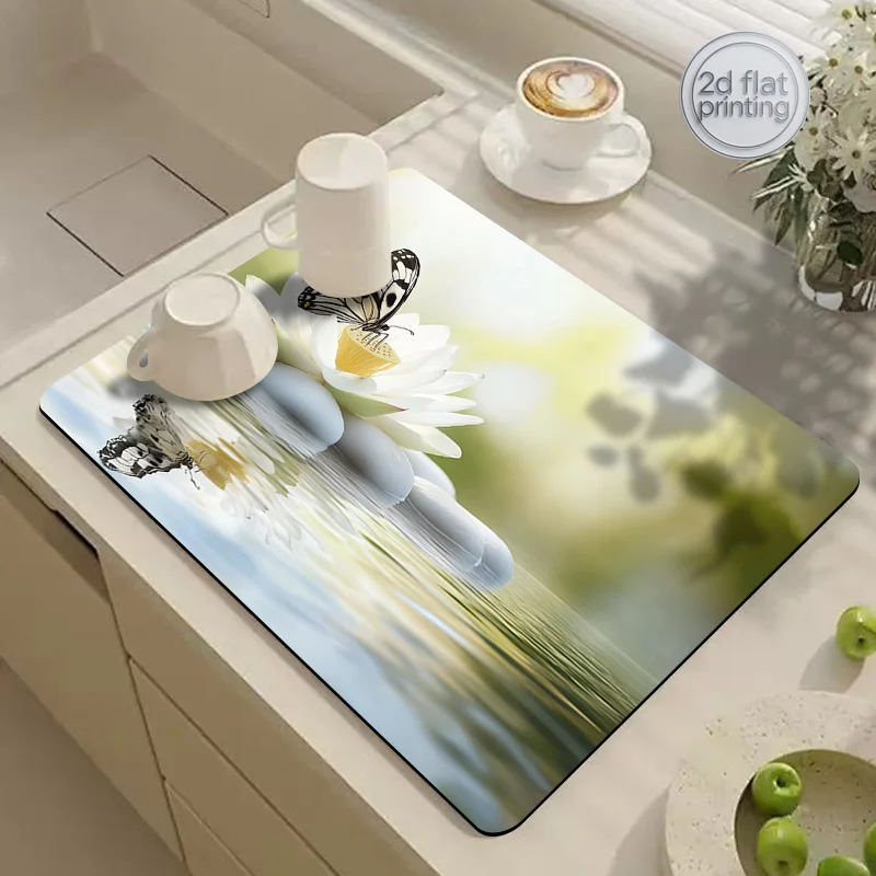 1pc Tableware Drying Mat, for Lotus Flower, Stone, and Butterfly Pattern Drainage Mat, Coffee Maker Mat, Coffee Machine Kitchen