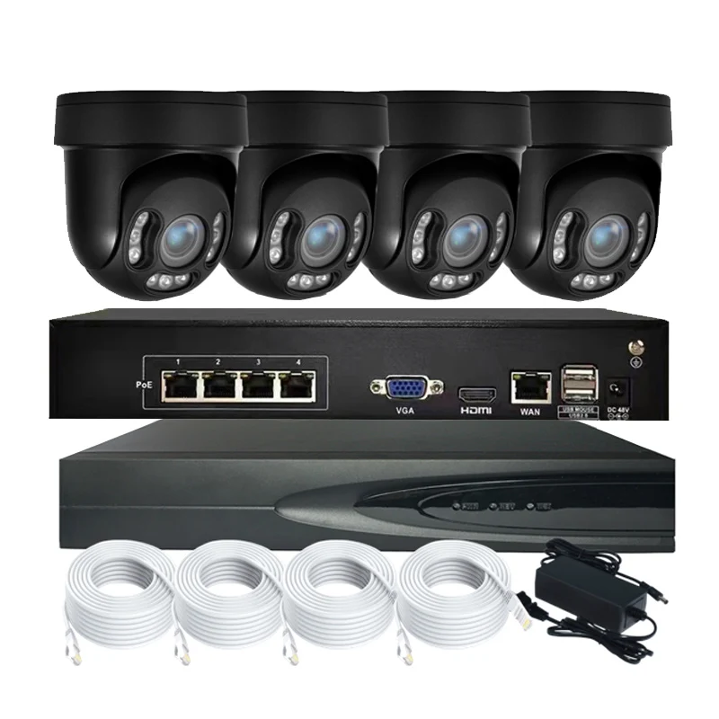 Cheap Full Color Night Vision 4K POE NVR IP Security Camera System 4 Channel PTZ Network Kit With 2 Way Audio