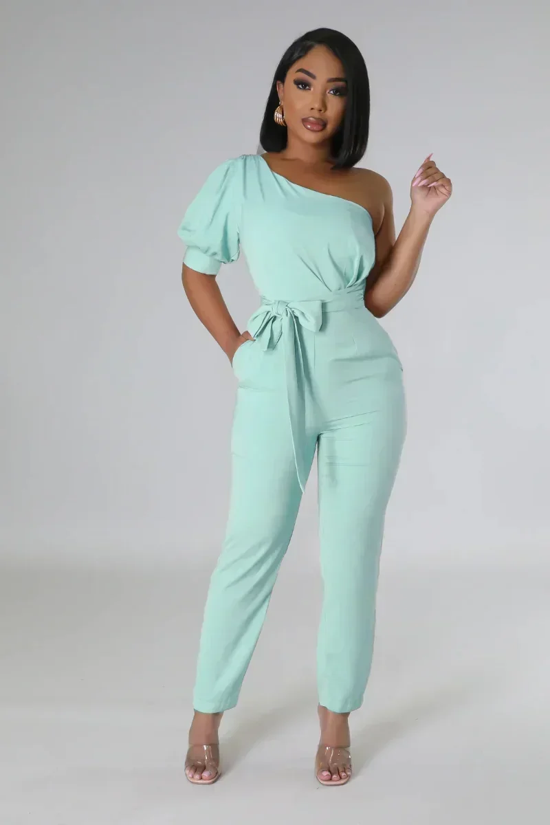 

GUWU One Shoulder Skew Neck Sashes Waist Short Sleeve Women Jumpsuit Summer Fashion Vintage One Piece Set Playsuit
