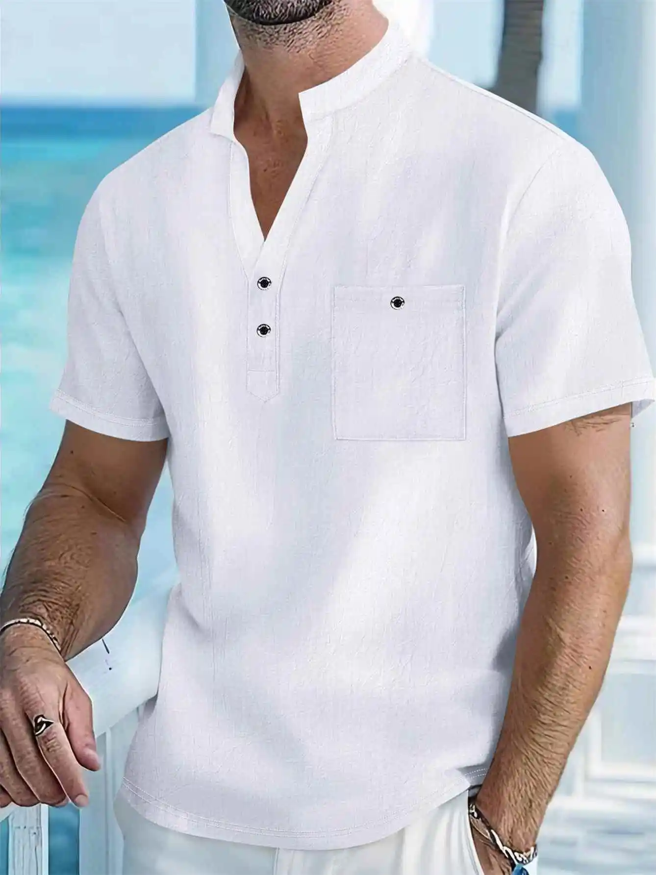 

Loose Fit Cotton Linen ort Sve irt Stand Collar Casual Summer Menswear Thin Material Daily Wear Pure Color