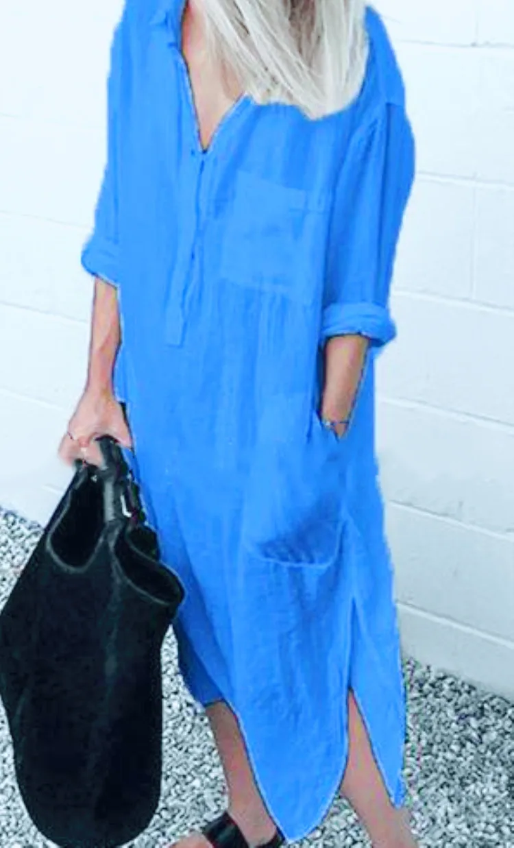 Lässiges Baumwoll-Leinen-Hemdkleid für Damen, Urlaub, Strand, Party, Sommerkleid, lockere lange Ärmel, Umlegekragen, Pullover, solide Kleider