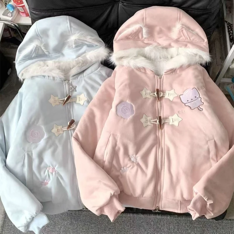 

Дизайнерское зимнее свободное пальто с вышивкой Kitty, женское кавайное теплое милое пальто на молнии с ворсом, модные милые повседневные парки, новинка