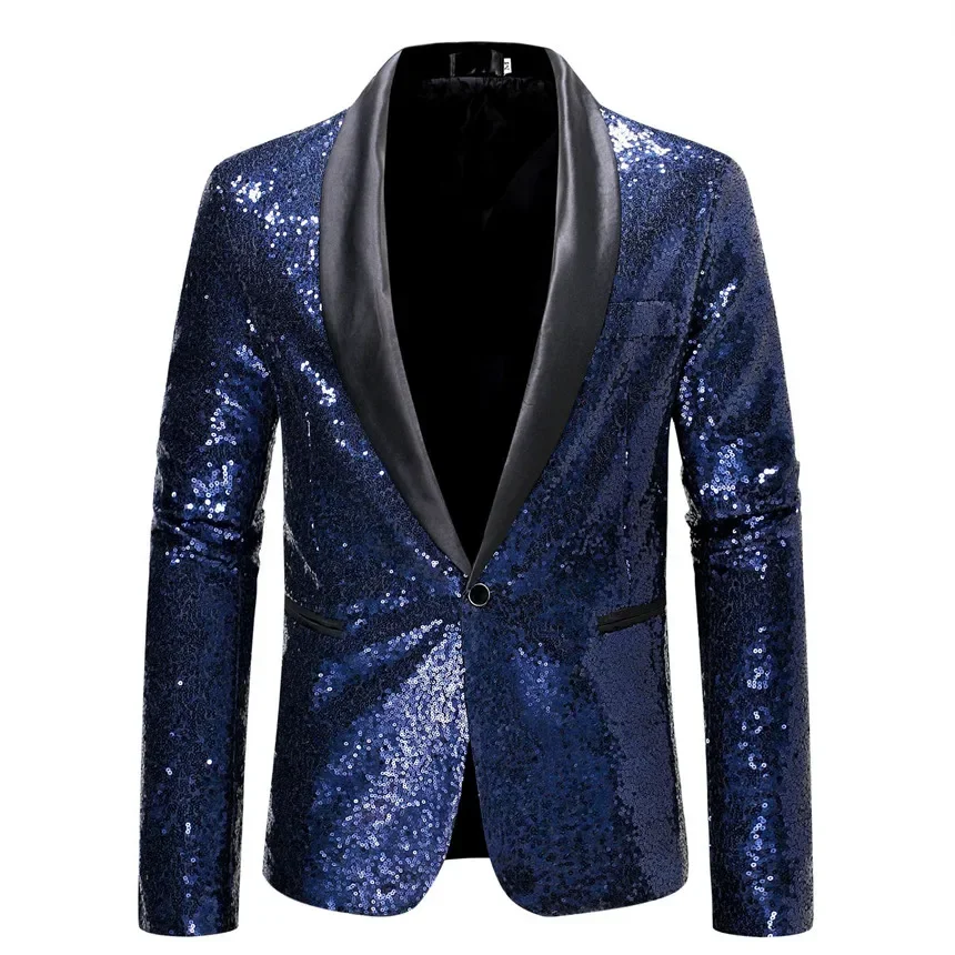 Men\'s Colorful Glitter Sequins Decoration Black Collar Blazer, Wedding Party Dress Coats, Blue Male Suit Jacket S M L XL XXL