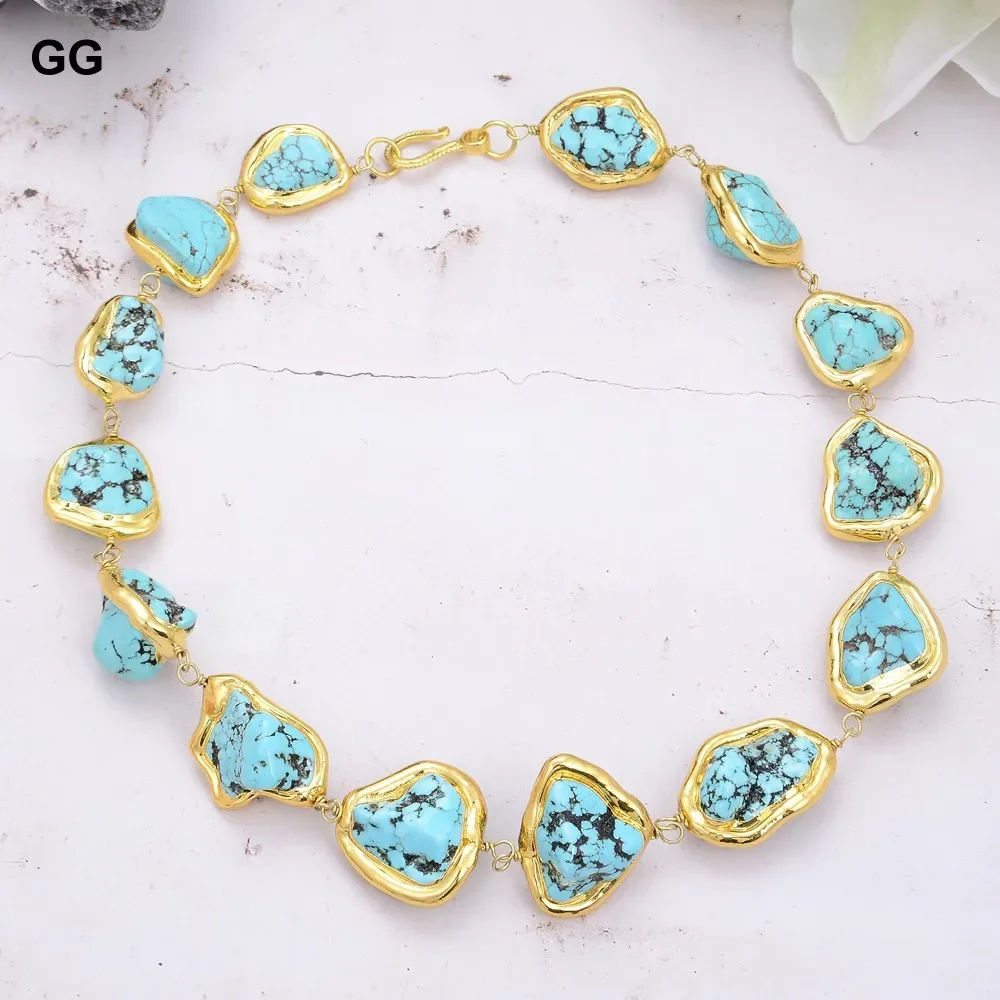 GG Freeform Blue Turquoise Howlite Gold Plated Edge Strand Necklace Choker Necklace Ethnic Style For Women 18