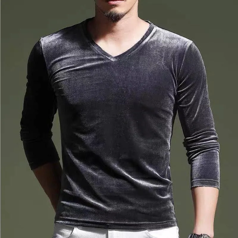 2024 Autumn Men Slim Fitness Velvet T-Shirts Vintage Long sleeves Tee Tops V-Neck Velour Shirts Plus Size M-7XL