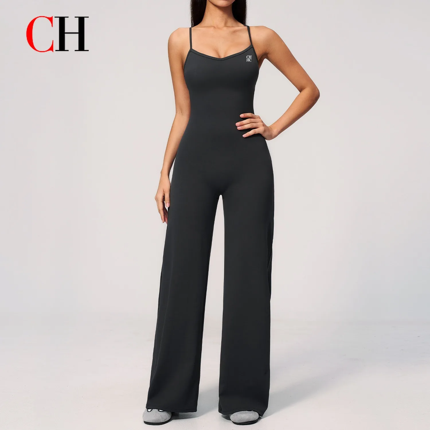 CH Peach Skin Jumpsuit mit überkreuztem Rücken, lässige Mode, dehnbar, schlankmachend, weit geschnittene Hose, Jumpsuit, Yoga-Bekleidung für Damen