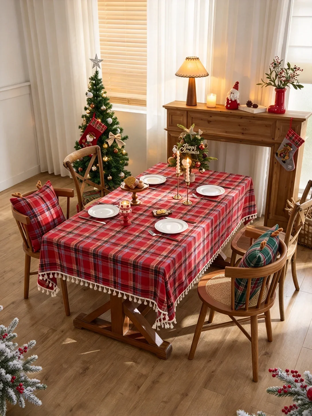 1pc Tablecloth | Red Tartan Plaid, Tassel Edge | Wrinkle Resistant | Christmas Winter Party | Dining Table | Farmhouse Rustic