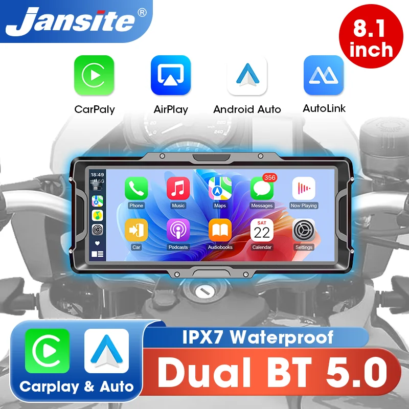 Jansite 8.1 inch large Screen Wireless CarPlay Motorcycle DVR 4K Digital Motorcycles Dashboard GPS Navigation Android Auto Linux