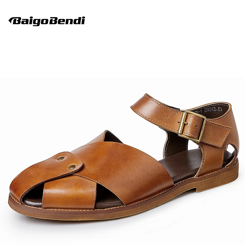 Let's Go Travel ! Men's High-grade Simple Leather Sandals Businessman Luxury Summer Casual Outdoor Hollow Out Flats