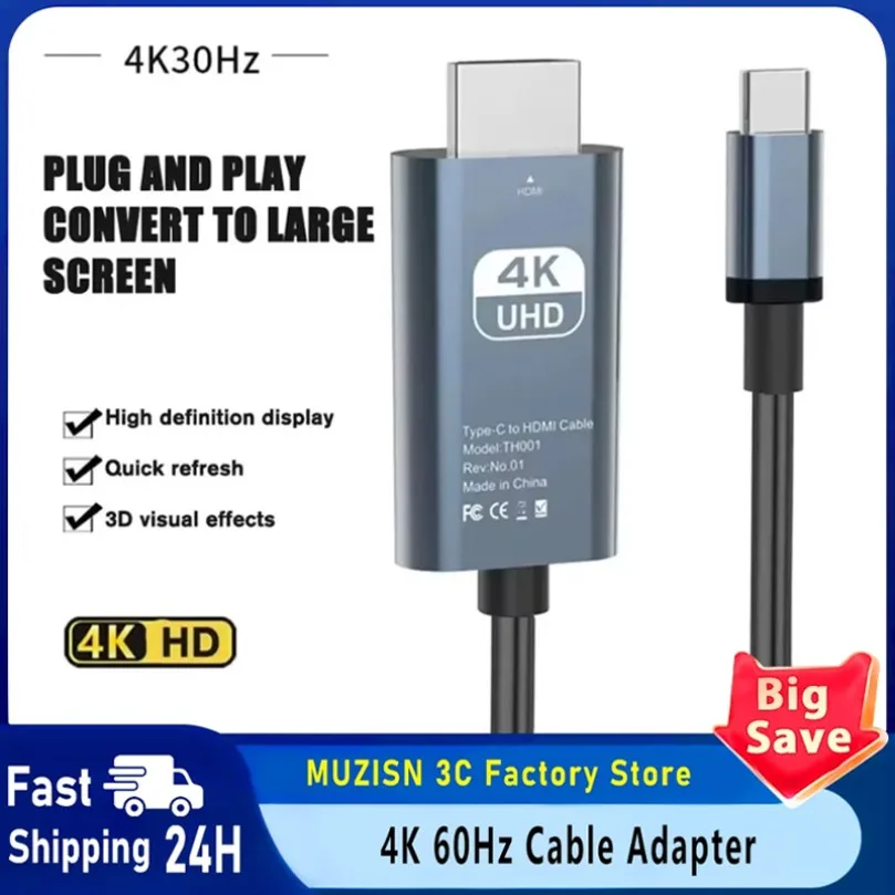 4K 60Hz USB C to HDMI-Compatibl Cable Type C Adapter HDTV Converter Cable for iPhone 15 TV Converter MacBook Air iPad Samsung