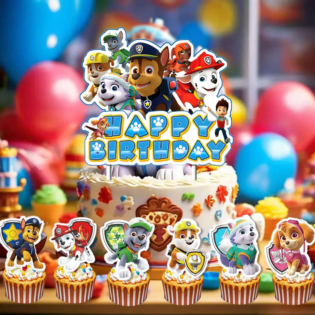 Hot Pawed Patrol CakeFlag für Kinder, alles Gute zum Geburtstag, Partyzubehör, Luftballons, Dekoration, Partygeschenke, Geschenke für Jungen und Mädchen, Blasenaufkleber