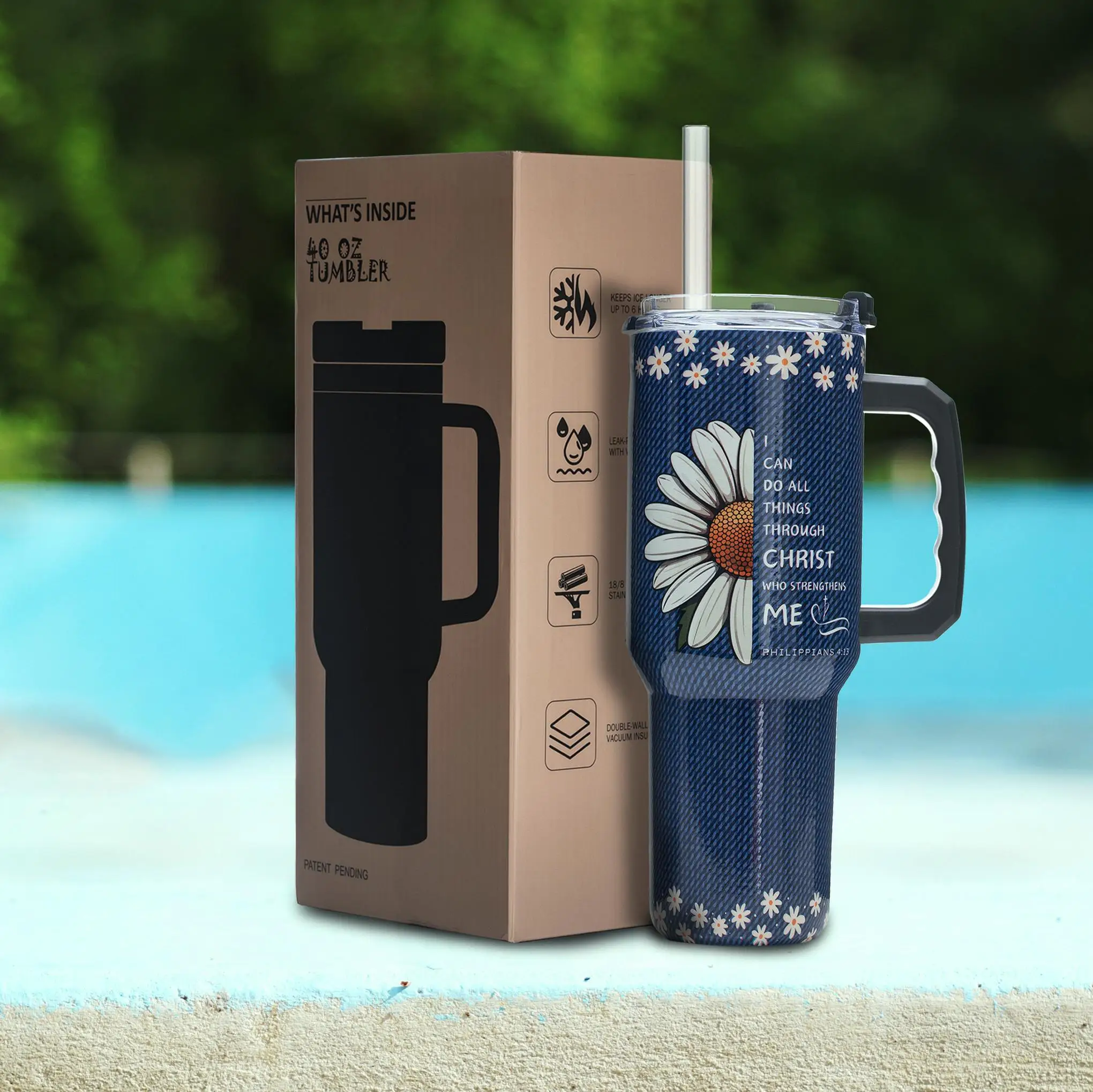 

40oz Christian Daisy Stainless Steel Tumbler with Handle, Vacuum Insulated, Wide Mouth, Gift for Believers and Bible Lovers