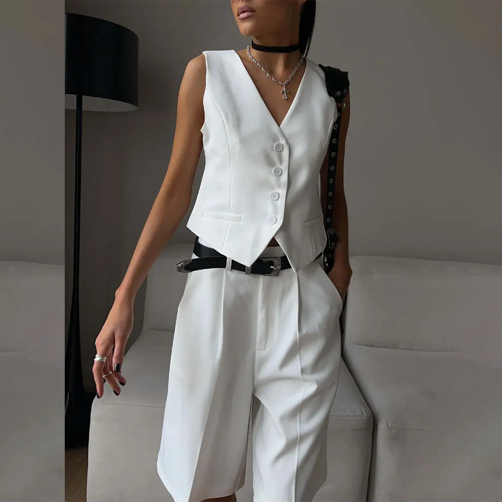 Office Lady Blazer Suits Vintage Two Piece Sets Women Business Sleeveless Vest Tank and Knee Length Shorts 2 Piece Set Outfits