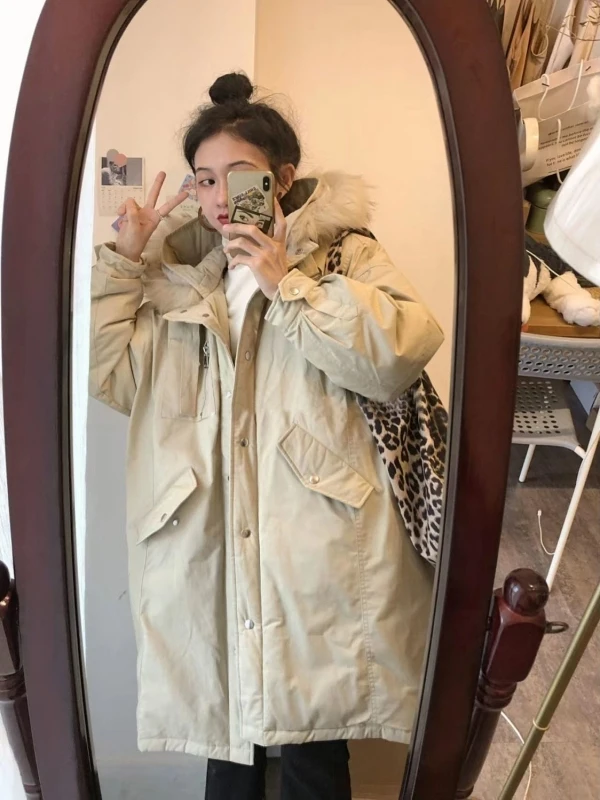 

Thickened Large Size Parka Coat Warmth Collar Hooded Cotton Clothes Outerwear for Men And Women Medium Length Winter Jacket