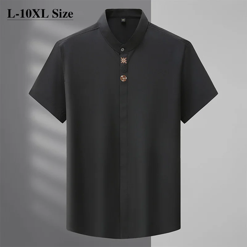 

Plus Size 6XL 7XL 8XL Summer Men's Casual Loose Short Sleeve Shirts Classic Solid Color Fashion Embroidery Stretch Shirt male