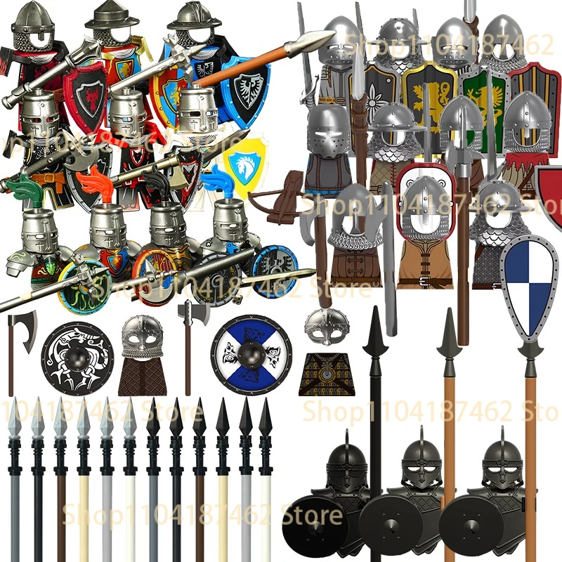 Blocs de construction de chevalier médiéval, guerrier viking, château, soldat, armure, bouclier, figurine, modèle, accessoires, jouet, cadeau pour enfant H12