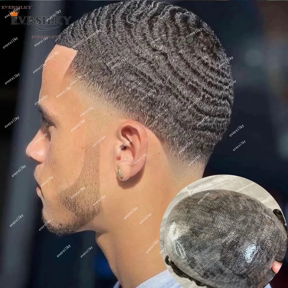 

360 Deep Waves Afro Hairstyle 10mm Remy Human Hair Toupee for Black Durable Poly Skin Hair Replacement System Capillary Prosthes