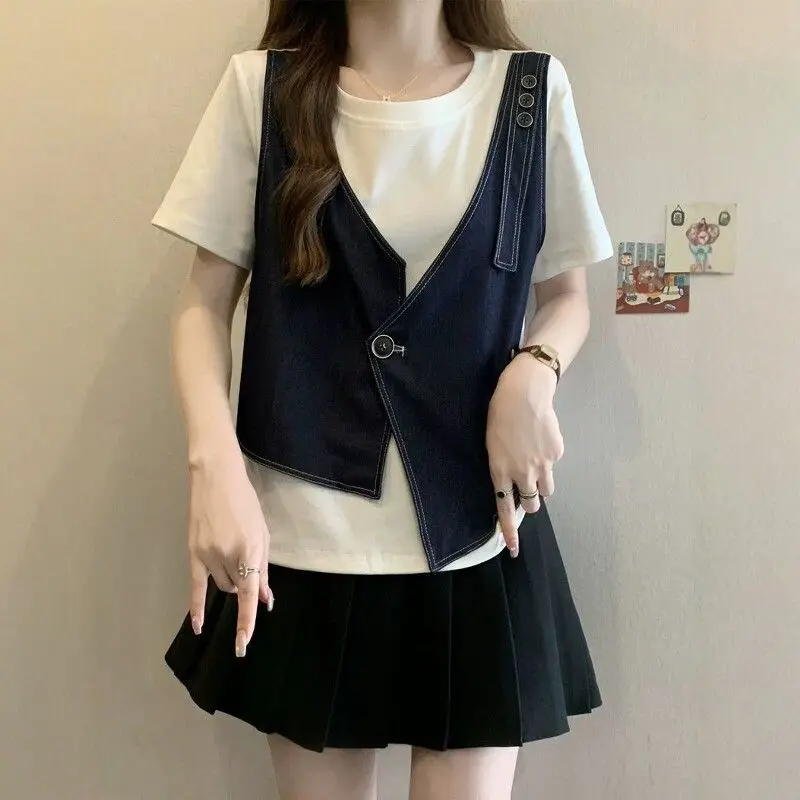 T-Shirt Women Summer Fashion Fake Two-Piece Patchwork Vest Short Sleeve Versatile Loose Age-Reducing Asymmetric Top Casual Style
