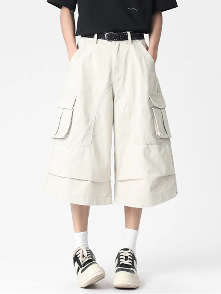 Pleated Washed Patchwork Workwear Men's Shorts Folded Hem Design Wide Leg Loose Casual Knee Length Pants Summer New WBZG