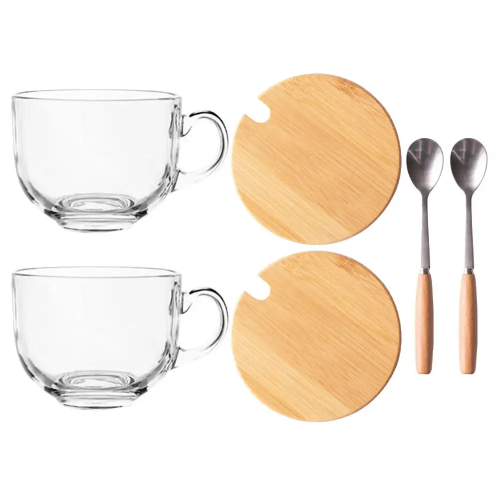 2 juegos de tazas de café de vidrio transparente con tapa y cuchara, base de acero inoxidable, mango de madera, taza para leche, para bebidas calientes, avena y cereales