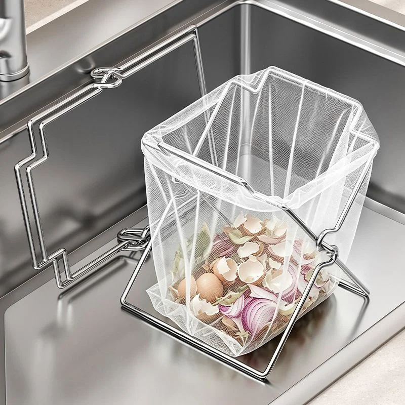 Collapsible Stainless Steel Garbage Bag Holder Kitchen Countertop Trash Bag Support Rack Multi‑Use Towel Hanger for Home Kitchen
