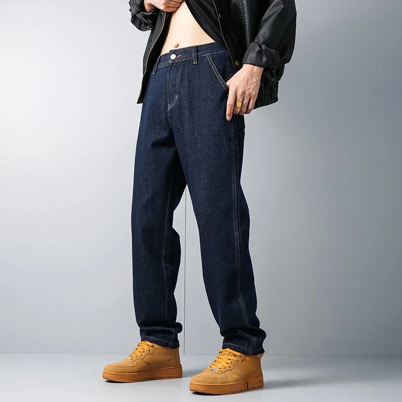 

LIBIELIY Four Seasons Men's American Washed Retro Blue Vintage Casual Loose Washed Straight Jeans Pants Solid Color Denim Trouse