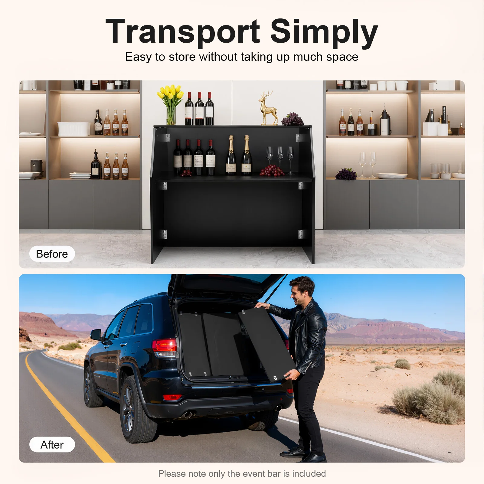 Czarna szafka barowa 47,75*19,5*42,75 cala, wolnostojąca przenośna barowa kuchnia mobilna, idealna na imprezy, pikniki, targi, wydarzenia firmowe.