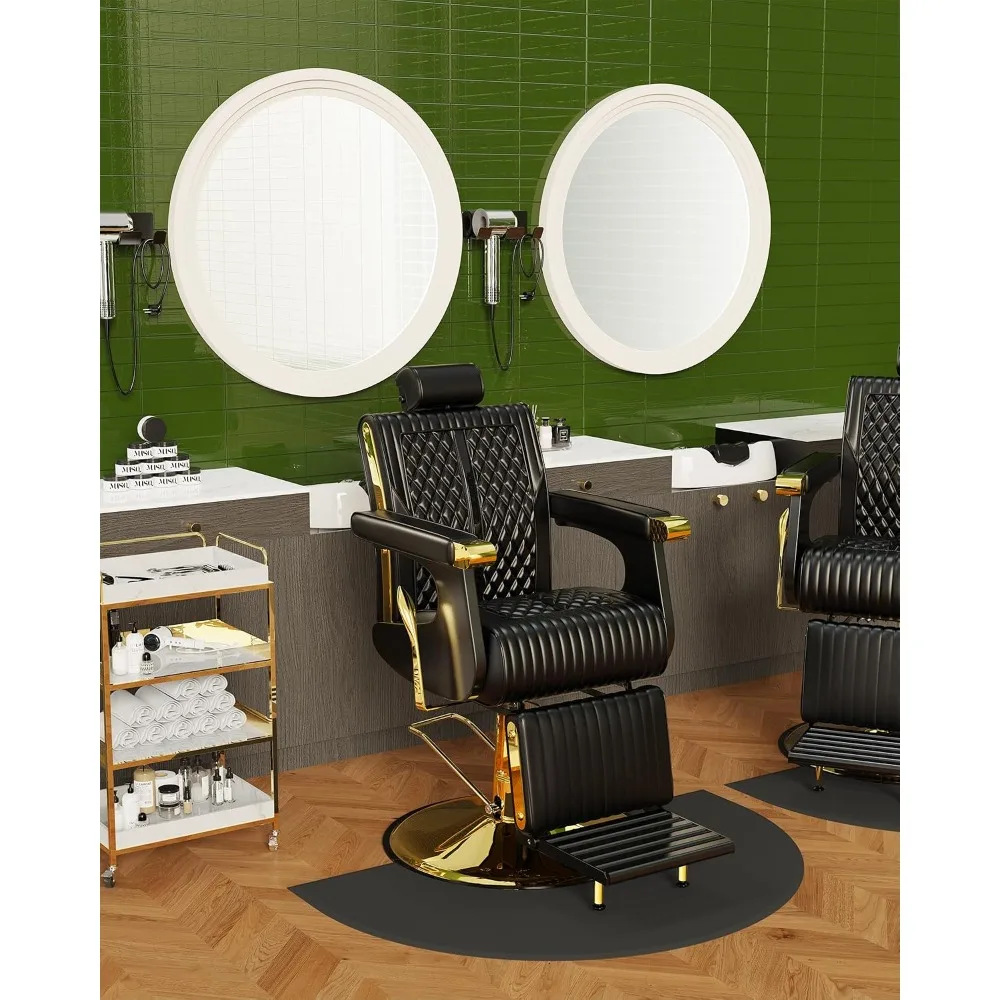 Classic Gold Reclining Barber Chair, Luxury PU Upholstery & Swivel Base, 440 lbs Capacity, Custom