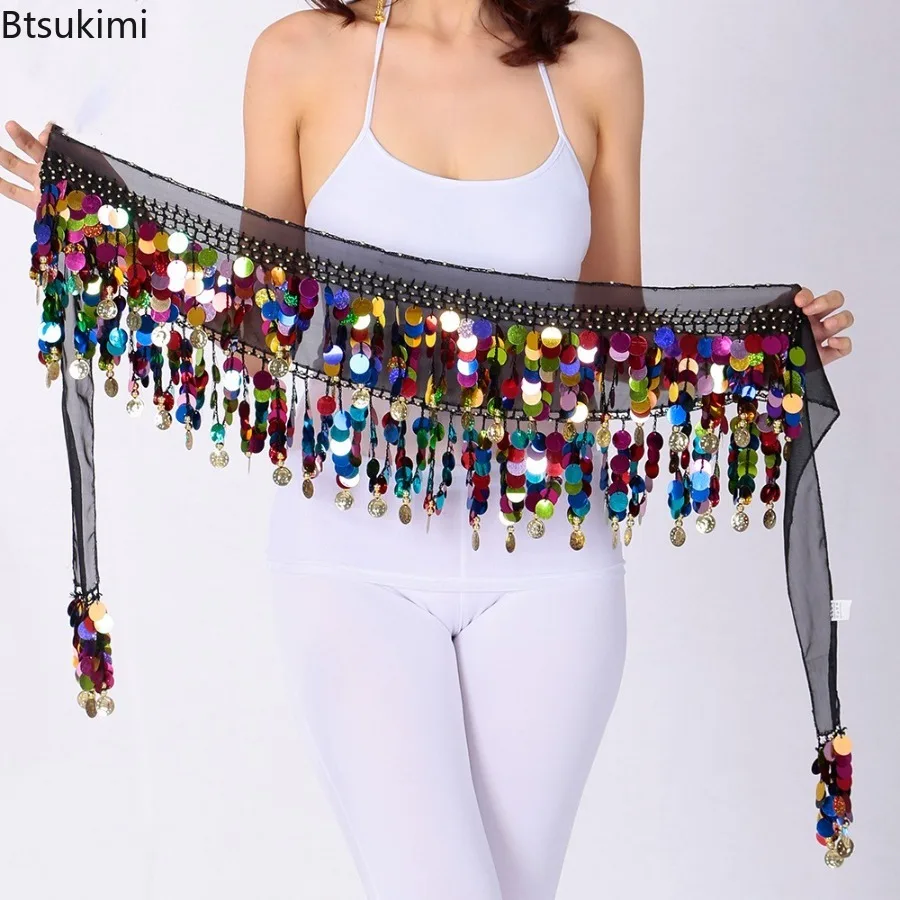 

Новинка 2025 года, Тайский/Индия/Арабский сексуальный пояс для танца живота, 160 см, блестки, кисточки, хип-шарф, юбка для танцора, поясная цепочка, женские костюмы для шоу