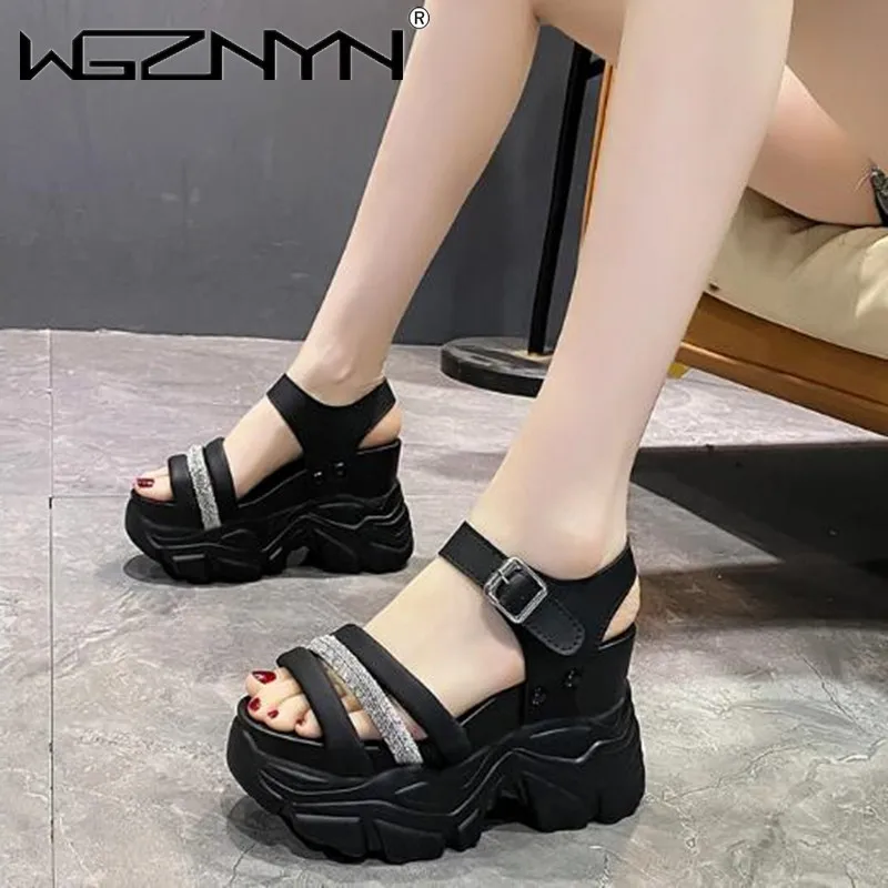 Women Thick Bottom Gladiator Sandals Summer Chunky Bling Sneakers Fashion High Platform Slippers 10CM Wedge Heel Beach Sandalias