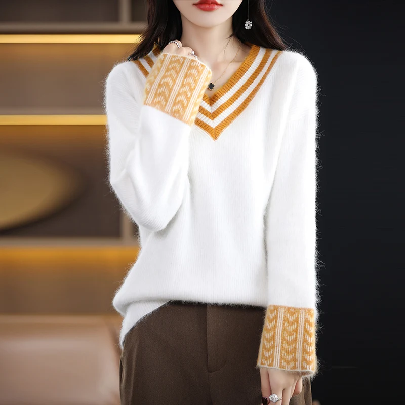 BELIARST Women\'s Clothing Autumn Winter 100% Mink Cashmere Sweater Casual Loose Large Top Contrast Color Knitted Warm Jumper