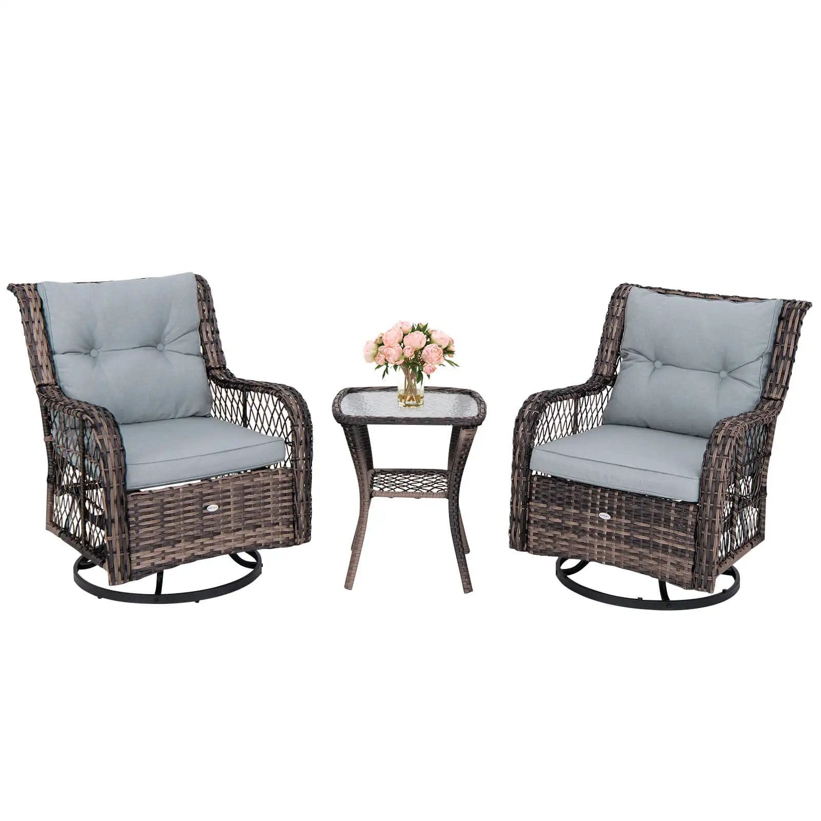 3 PCS Patio Furniture Set Rocking Chairs Set of 2 with Glass Top Side Table