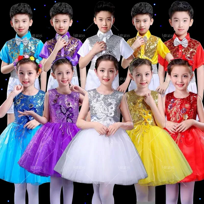 

Детские костюмы для выступлений, пышные юбки для девочек, хор начальной школы, танец в детском саду, костюмы для выступлений для мальчиков