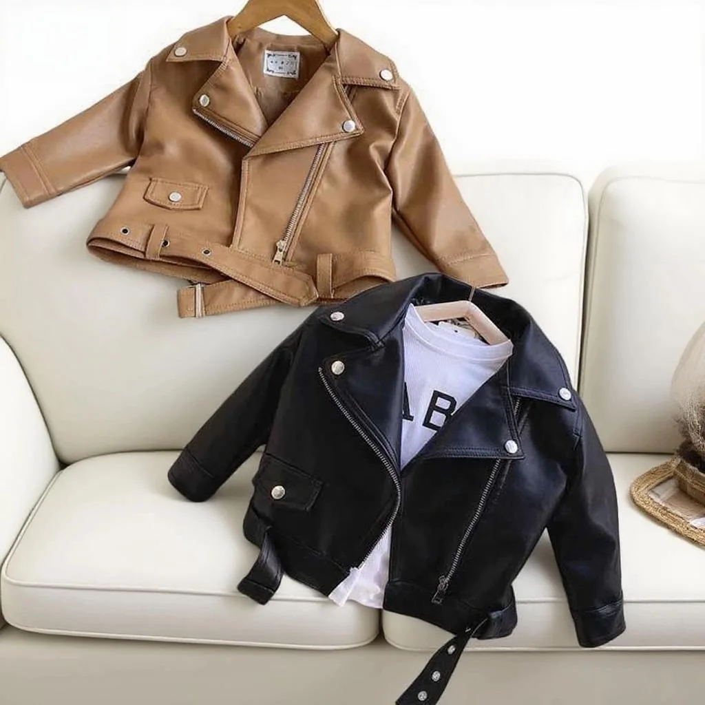 

Kids Leather Jackets Spring Autumn Boys Girls Classics Handsome Pu Outerwear Children Clothing Teen Zipper Fly Coats 2-12 Years