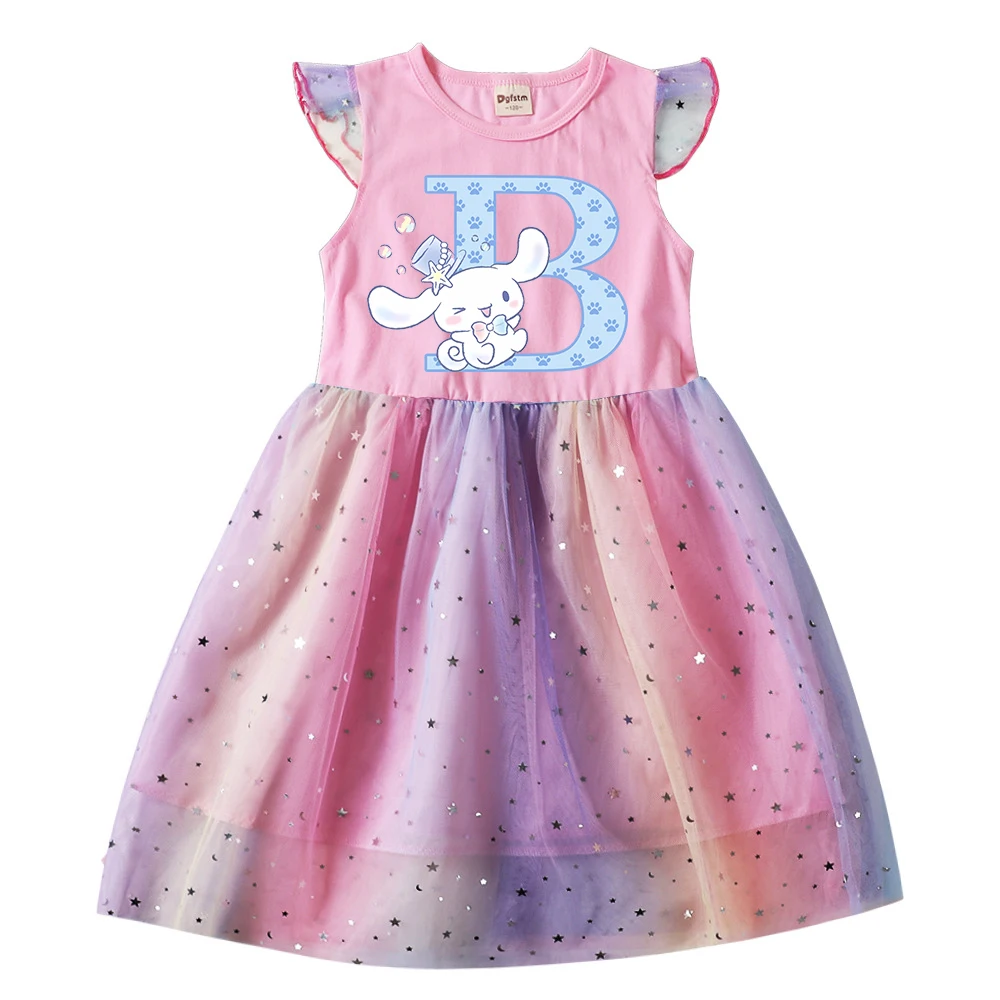 

New Girl Dress Cinnamorolls Letter A B C D Kids Flying Sleeve Dresses Children Cartoons Baby Cinnamon Casual Girls Gauze Clothes