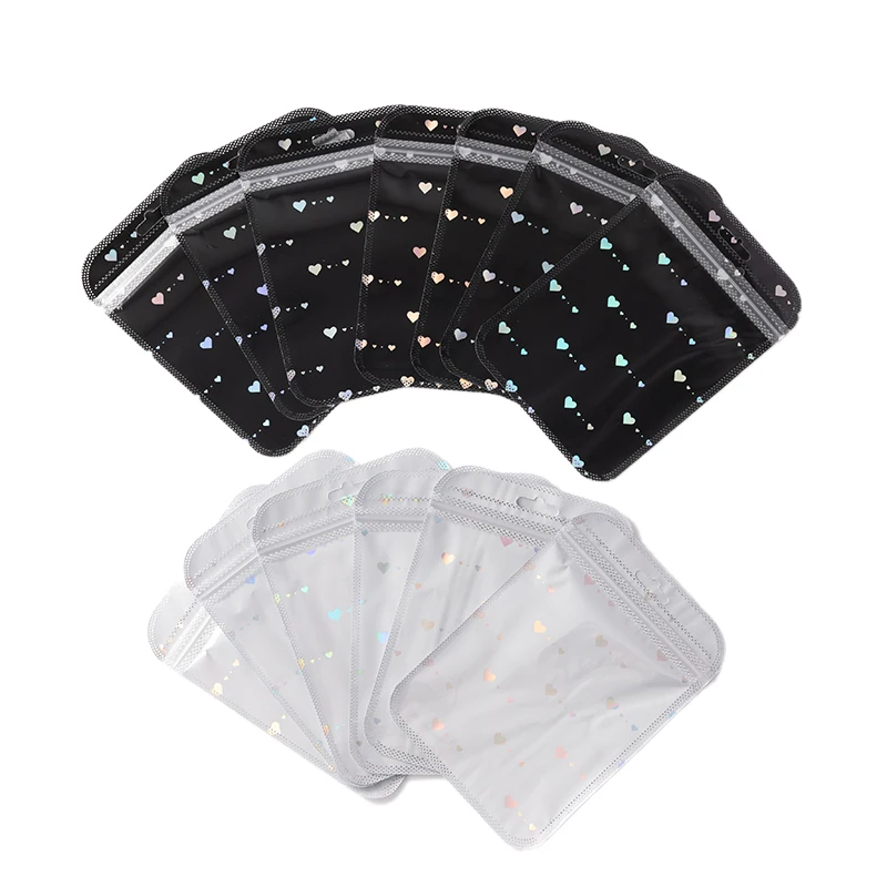 

50pcs heart Shaped Pattern Self Sealing Bags Holographic Laser Plastic Pouches Resealable Zip Lock Packaging For Jewelry Display