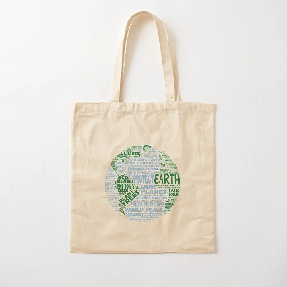 

Protect Earth - Blue Green Words for Earth Tote Bag canvas tote Large bags for women shopping bag logo Canvas Tote Bag