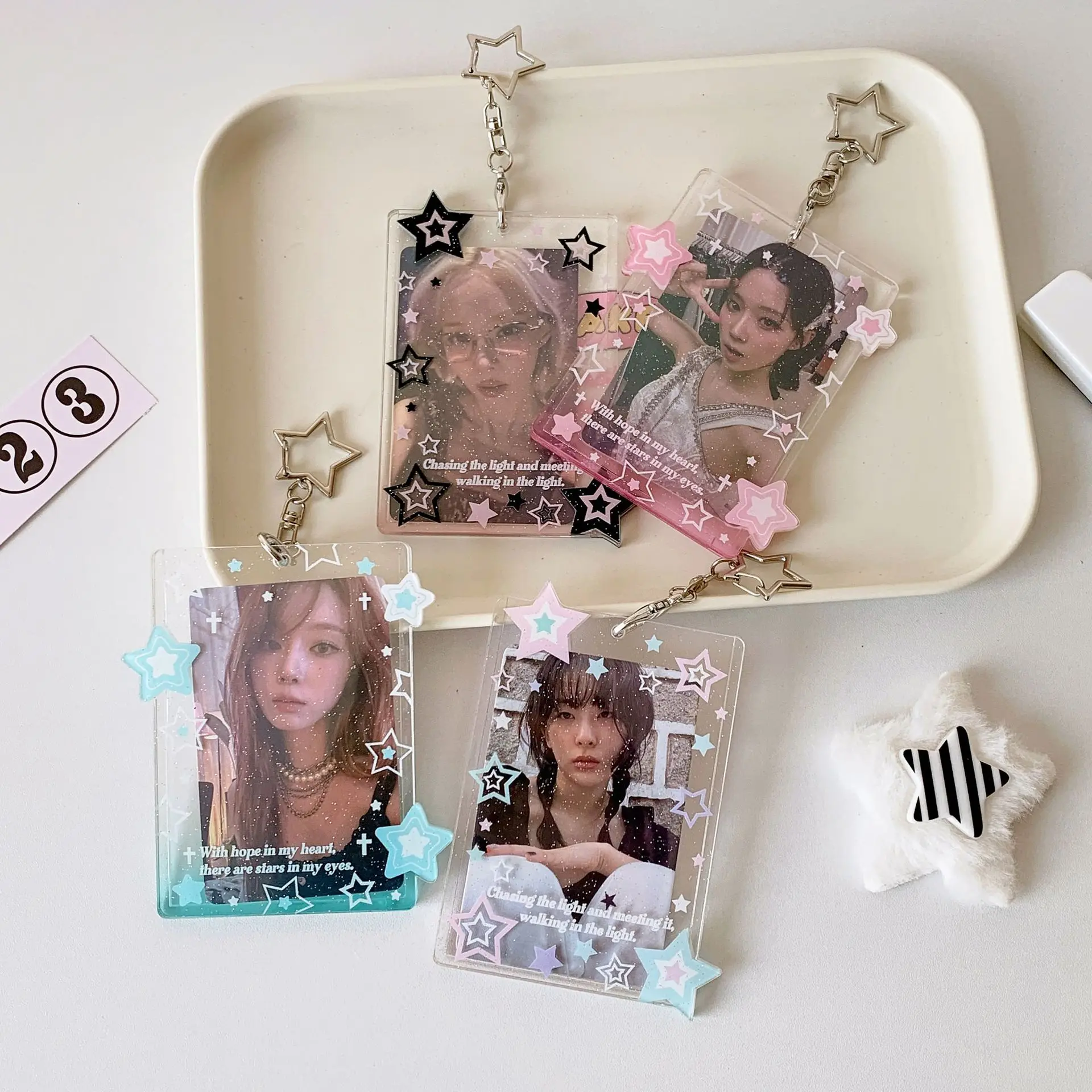 Korean Style Glitter Star Gradient 3-Inch Hard Photocard Holder, Hanging Photo Display Charm for Students, Girls & Fans