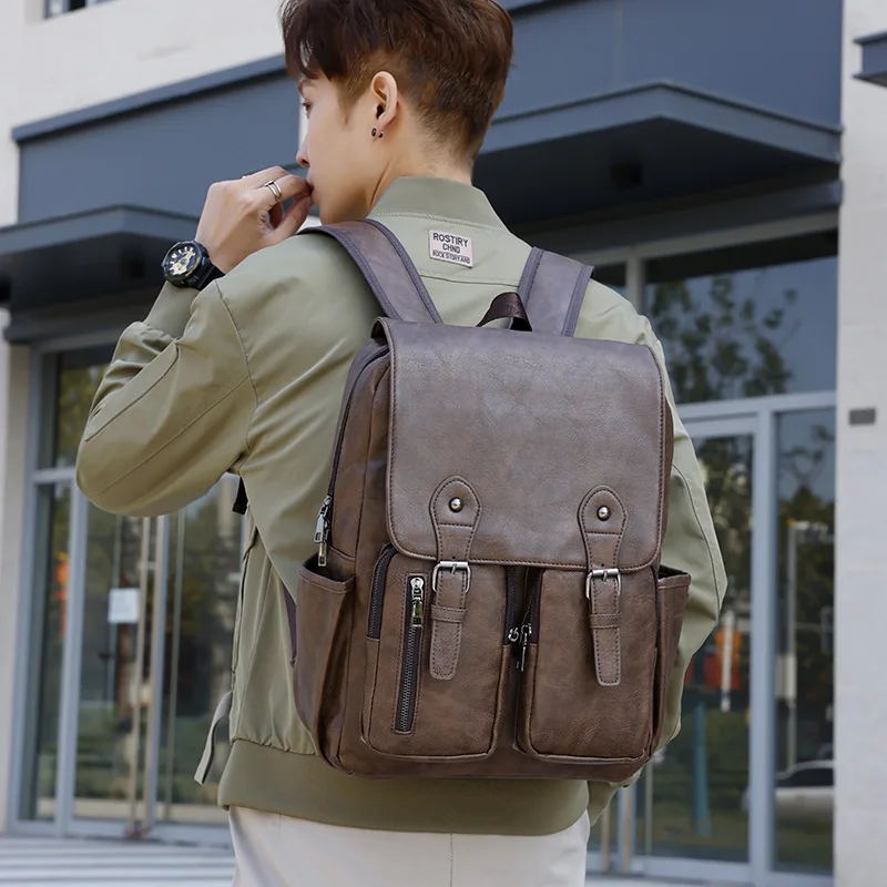 Vintage Large Capacity Men's Backpack Luxury PU Leather Travel Backpack Waterproof Computer Laptop Bag Business Male School Bag