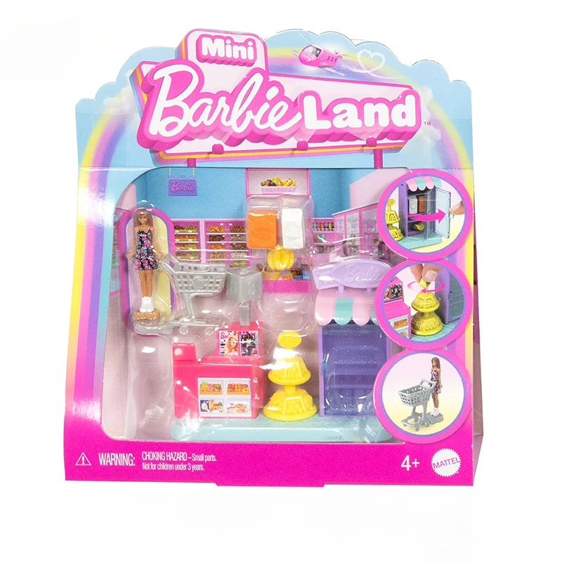 Original Barbie Mini Barbieland Doll House Hair Salon Pet Boutique Supermarket Bakery Toys for Girls Accessories Micro Furniture