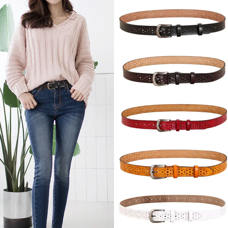 

Genuine Leather Hollow Out Belts for Women Cummerbund Luxury Female Belt Decorative Simple Waist Belt Ceinture Femme