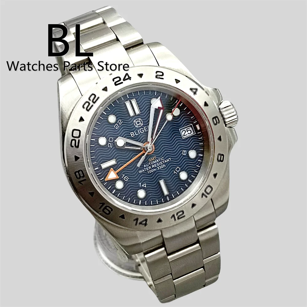 BLIGER 40mm Watch For Men NH34 GMT Automatic Black White Blue Wave Dial Orange GMT C3 Green Luminous Sapphire Glass 24Hour Bezel