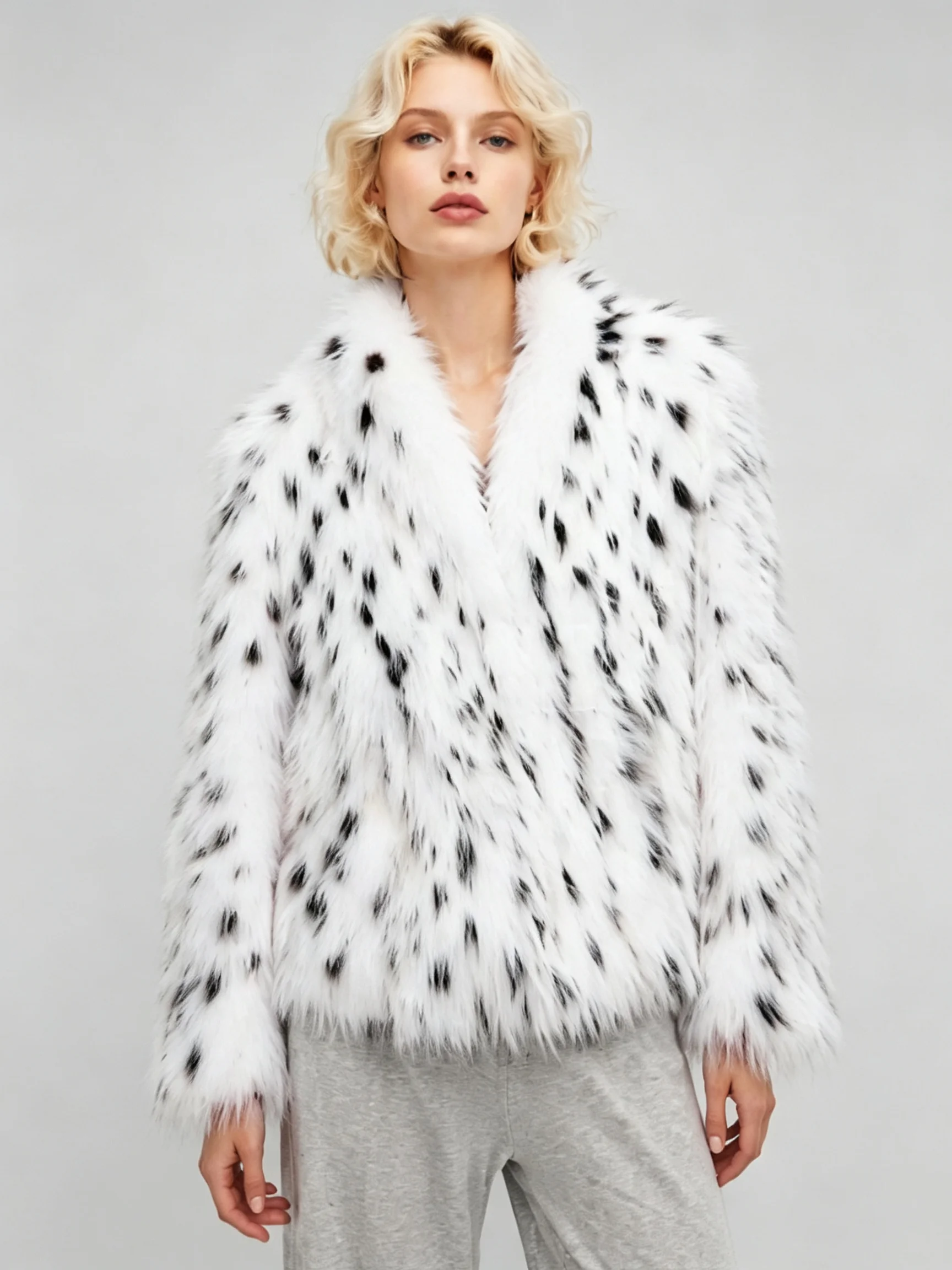 LIMO Faux Fur Leopard Spotted Open Collar Loose Warm Winter Jacket Women