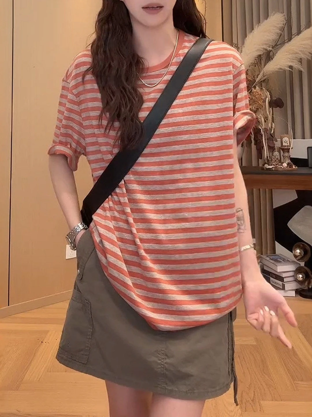 plus Size Contrast Color Stripe Loose Short Sleeve T-Shirt Women's Mid-Length Korean Style Top Summer New Style Slimming Effect