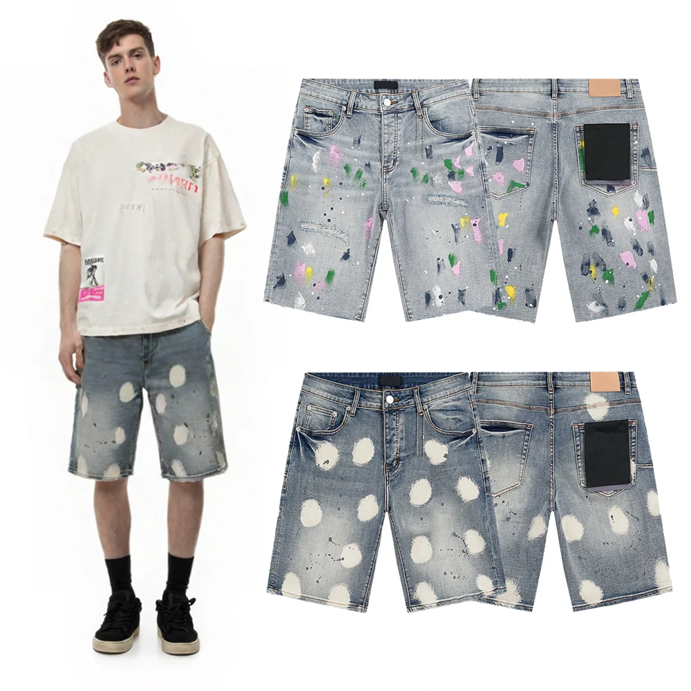 

Y2k Streetwear Clothing Vintage Dot Printed Short Denim Jeans Hiphop Street Style Cotton Casual Distressed Short Pants for Men's