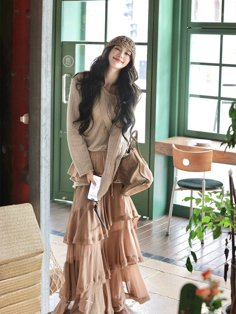 

Retro Loose Knitted Sweater Hollow out Double Layer Skirt Commute Sle Comfortable Lazy Faion Women's Autumn Sweater