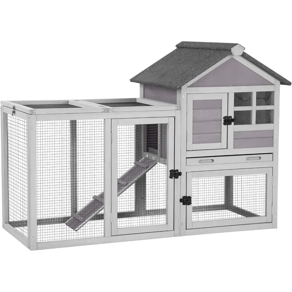 

51.6''L Rabbit Hutch Outdoor Chicken Coop Indoor Bunny Cage with Run, Pull Out Upper Tray (51.6" L X 25.2" W X 36.2" H)