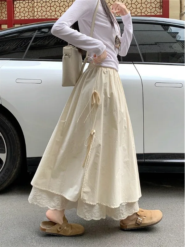 

Женская юбка миди больших размеров в корейском стиле, с кружевной отделкой, двухслойная, А-силуэт, с завышенной талией, стройнящая, летняя новинка