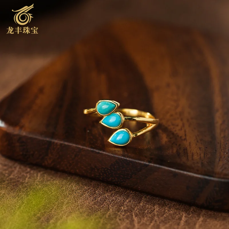 Hubei Shiyan S925 Silver Plated 18K Gold Natural Turquoise Three Drop Ring Women